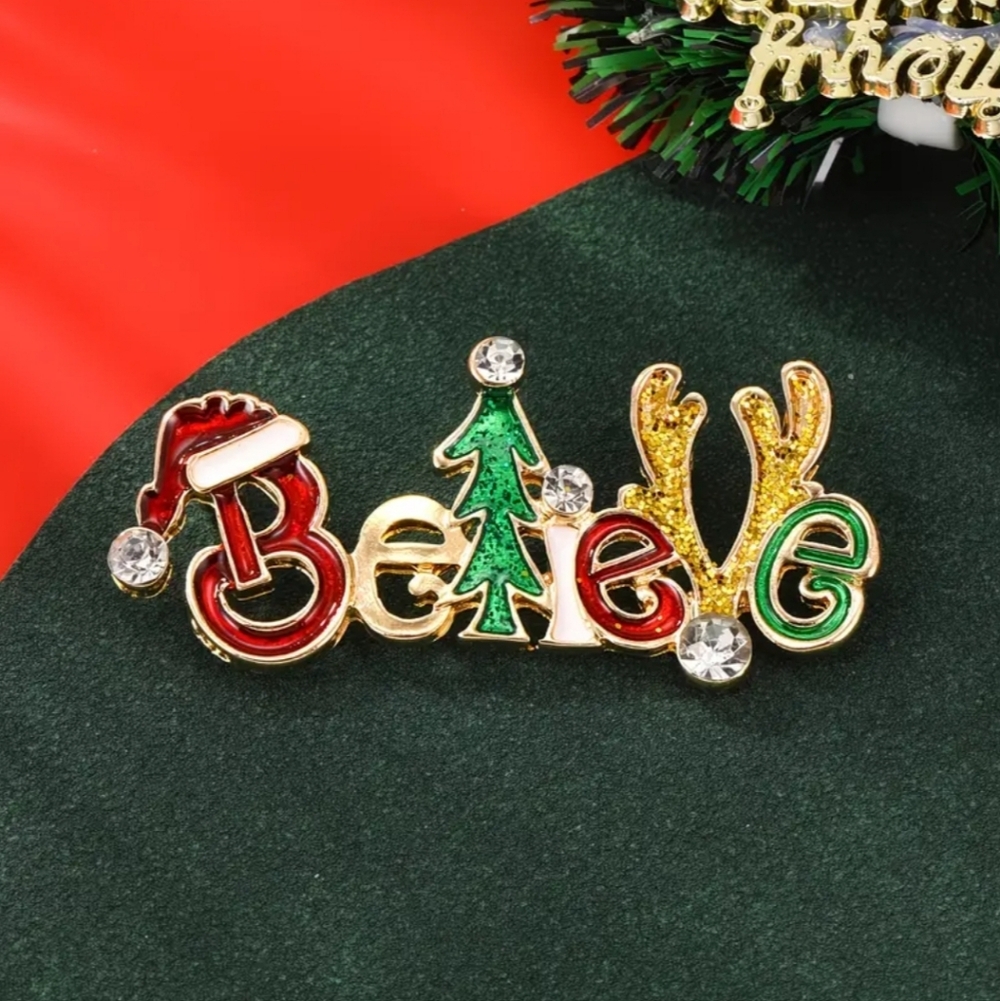 🆕️ 🎅🎄 ' BELIEVE ' WHIMSICAL RHINESTONE CHRISTMAS BROOCH PIN  🎄🎅